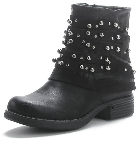 Pogolino Damen Stiefeletten Nieten Biker Boots mit Reißverschluß flach bequem Stiefel ST016 Schwarz 39