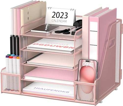 SUPTIDY Mesh skrivbordsförvaring med filhållare, 5-delad papperstavla organisatör med tidningshållare, skrivbordsorganisatör och förvaring med låda för kontorsmaterial hemma eller skola, rosa