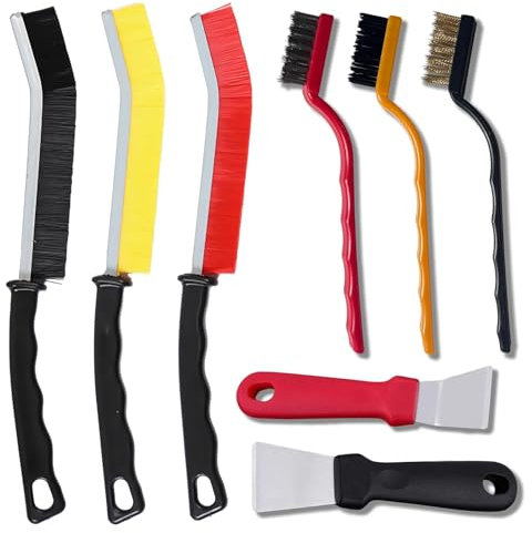 Set di spazzole multifunzione per la pulizia delle fessure, 3 spazzole per fessure, 3 spazzole per stufa, 2 spatole, per spazi ristretti, cucina, WC, bagno, malta