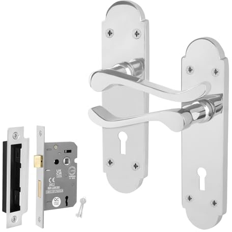 EAI Chrome Door Handles Lock Set, 1 Pair of Internal Polished Chrome Victorian Scroll Shaped Backplate Handles and Lock 64mm