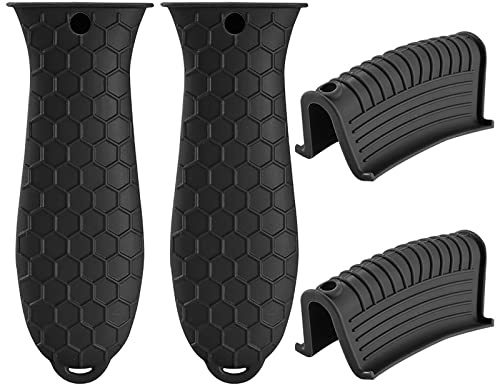 Tunejoy Supporto Manico Caldo in Silicone e Supporto Manico Aiutare in Silicone Tegame in Ghisa Copri Padella per Pentole in Ghisa, Padelle,Piastre, Forno 4 Pezzi Nero