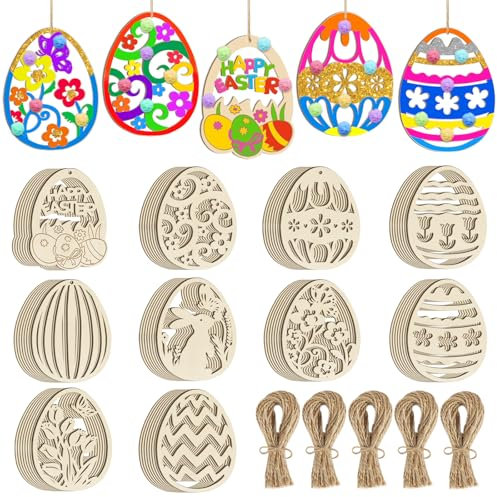 50 Stück Holzanhänger Basteln Kinde, DIY Hasen Blume Basteln zum Bemalen Holz Anhänger für Kinder Ostereier