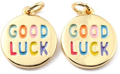 Ornazy 10 ciondoli smaltati con scritta Good Luck, piatti e rotondi, con lettere dell'alfabeto, per la creazione di gioielli, orecchini e collane, Metallo non prezioso