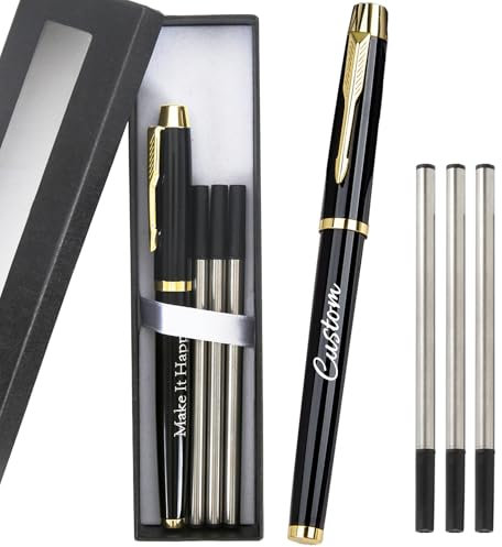 Tintenroller Personalisiert Kugelschreiber mit Gravur Tintenroller Hochwertig & 3 Stück Ersatzminen & Geschenkbox Set Rollerball Pen Dicke Mine Personalisierte Geschenke (222-Gold)