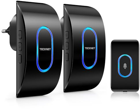 TECKNET Sonnette sans Fil Exterieur Etanche avec 3 Récepteurs, IP65 Etanche Carillon, Portée de 400M, 60 Mélodies et 5 Niveaux Volume, Indicateur LED Bleu, pour Maison, Hôtel -Noir