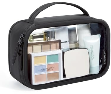 BAGSMART Clear Makeup Bag, Small Wash Bag, 180° Wide Opening Travel Size Toiletry Bag for Women, Cosmetics Organiser with Handle, Water Resistant Travel Accessories, Black