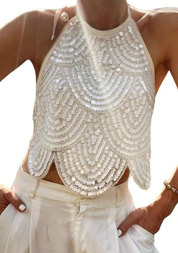 Betrodi Womens Halter Sequin Tank Top Backless Tie Up Sexy Sparkly Crop Top Cami Sleeveless Glitter Party Tops Clubwear