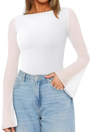 LACOZY Mesh Tops for Women Long Bell Sleeve Blouses Sexy Going Out Shirt Sheer Autumn Outfits 2026 White M