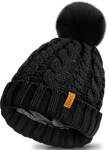 Donfri Mütze Damen Satin Beanie Wintermütze Damen Warme Winter Strickmütze Hat mit Bommel Geschenk