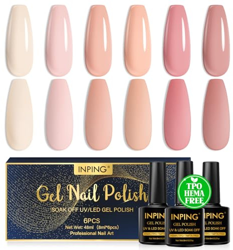 INPING HEMA TPO-FREE-fri semi permanent lack, 6 färger mjölkaktig vit naken rosa lack UV gel halvpermanent natur, soak off UV/LED nybörjare nagelkonst gör-det-själv, 8 ml
