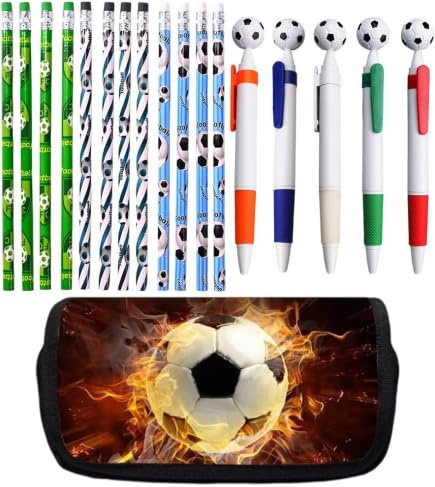 bzjqh Soccer Football Pencil Case Set, Football Pen Pouch, 5 Gel Pens, 12 Pencils for Students, Sports Theme School Supplies, Gift for Boys Girls Teen Soccer Lovers, Back to School (black2)