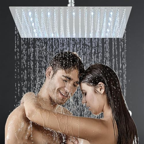 Hevenaov Soffione doccia a pioggia a LED, 16 pollici, in acciaio inox, con ugelli autopulenti, soffione a pioggia, quadrato, cromato (40 cm)