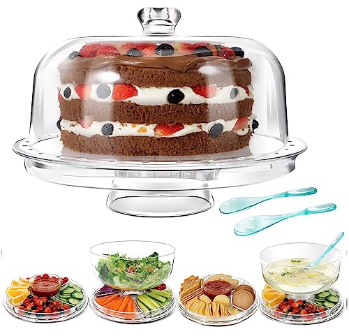 MASTERTOP Cake Stands with Dome Lid, 6 in 1 Multi-functional Cake Serving Platter Snack Fruit Server, Salad Punch Bowl for Kitchen, Party, BBQ, Picnic - Clear