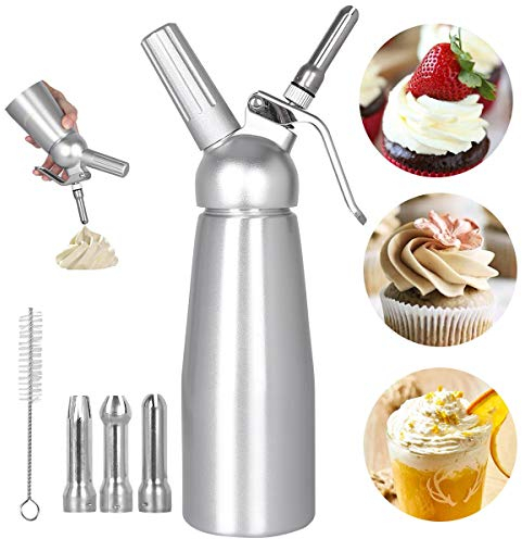 Sifoni Panna Montata 500ML Professionale Sifone per Panna Montata Plus 3 Ugelli Sifone da Cucina per Decorazione in Acciaio inox torte di Compleanno Gelato Formaggio Pasticceria Frullati e Dessert