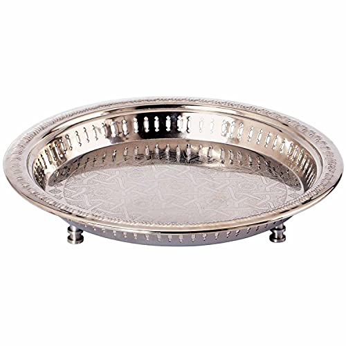 Orientalisches rundes Tablett Schale aus Metall Juman 40cm groß Silber | Orient Dekoschale mit hoher Rand | Marokkanisches Serviertablett Rund | Orientalische Ramadan Deko auf dem gedeckten Tisch