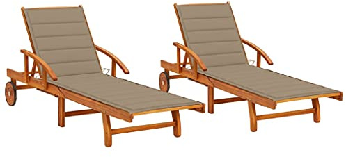 vidaXL Rustic Sun Loungers Set of 2 with Cushions Solid Wood Acacia Outdoor Adjustable Chairs Cushioned Lounger Wooden Lounge Garden Poolside Chair Chaise Seating Bed