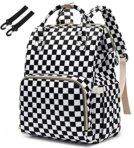 Yusudan Checkered Diaper Bag Backpack for Baby Girls, Mom Waterproof Large Nappy Bags for Women