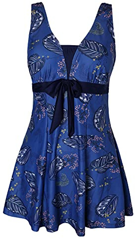Ecupper Maillot de Bain Une Pieces pour Femme Rétro Jupe avec Volantée Contrôle du Ventre Push Up Col en V