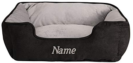 lionto Hundebett 2-in-1 mit komfortablem Einstieg, kuscheliges Heimtierbett zum Wenden für Hunde und Katzen, 60x50 cm, Hundekissen in pflegeleichter Wildlederoptik, schwarz/grau (Namensaufdruck)