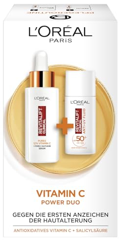 L'Oréal Paris Gesichtspflege-Set mit Vitamin C Serum und Anti-UV-Fluid mit LSF 50+, Für einen strahlenden Hautton, Gegen erste Anzeichen der Hautalterung, Revitalift Clinical Vitamin C, 30 ml + 50 ml