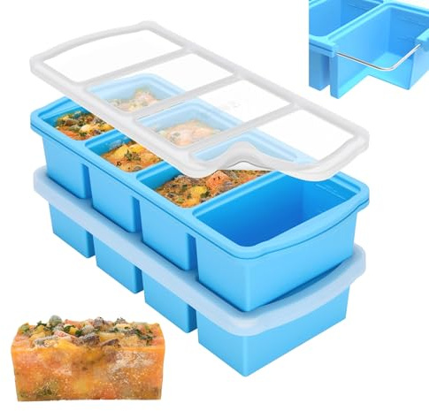 ZIP STANDING Silicone Freezer Trays with Lid,1-cup Soup Freezer Container large Ice Cube Molds with Reinforced Steel Ring Top for freezing Soup Sauce Broth Leftovers oven Dishwasher -Safe(2-Pack)