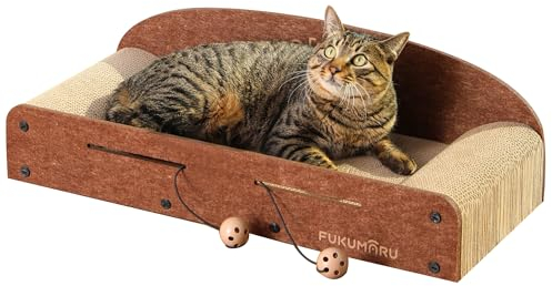 FUKUMARU Kratzbrett Katzen, 66CM langlebiges Kratzpappe und Filz, große Liege, 2 wendbare Katzenkratzpads für Katzen, recycelbares Katzenkratzbett aus Wellpappe mit Glockenballspielzeug, Karamellfarbe