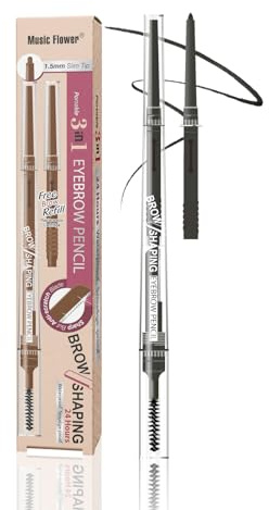 Music Flower Eyebrow Pencil - 3 in 1 Eyebrow Pen, Ultra fine Brow Pen w/Eyebrow Brush & Trimmer, Long lasting Eye Makeup Gifts for Women, Grey
