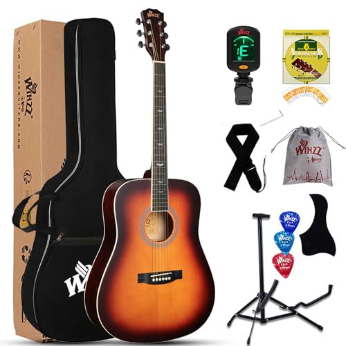 Winzz Akustikgitarren 4/4, Anfänger Gitarren 41 Zoll mit Gitarrentkoffer, Stimmgerät, Gurt, Plektren, Extra Saite und Gitarrenständer, Dunkler Sonnenschliff (Matt,Sunburst)