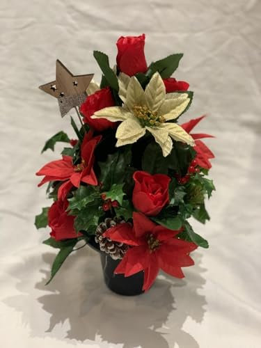 Grave Pot Christmas Grave Flower Arrangement, Red Roses and Poinsettia