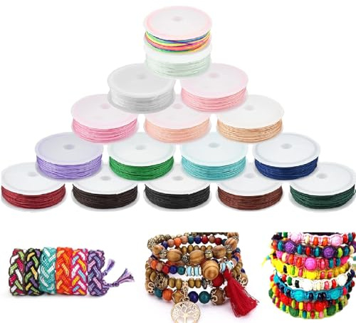 EUIEUT 16 Rouleaux Fils pour Bracelet Nylon, Fil pour Bracelet Perle Multi-Couleur, Cordon Tressé Coloré 0.8mm*10m, Fil Tressé Bricolage Fin, pour Artisanat Colliers Breloques Fabrication Bijoux