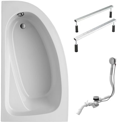 Schulte Eckbadewanne Baia links 160x90 cm, Set inkl. Fußgestell, Ab- und Überlauf, aus hochwertigem Acryl in Weiß glänzend
