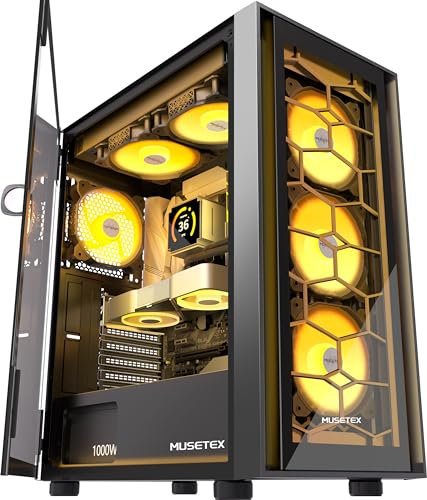 MUSETEX PC Gehäuse ATX, 6 PWM ARGB Lüfter vorinstalliert ATX Gehäuse, Computergehäuse mit zu öffnender Hartglastür, Mid Tower Gaming PC Gehäuse, USB 3.0 x 2, Schwarz, G07