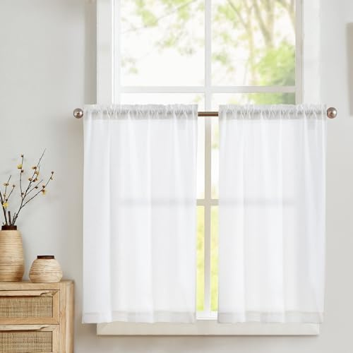 Vangao Lot de 2 Rideaux Brise-bise, avec Passe-Tringle, Aspect Lin, Style Maison de Campagne, Blancs, Courts, Semi-Transparents, 65 x 90 cm (l x H), pour Caravane, Cuisine, bistrot