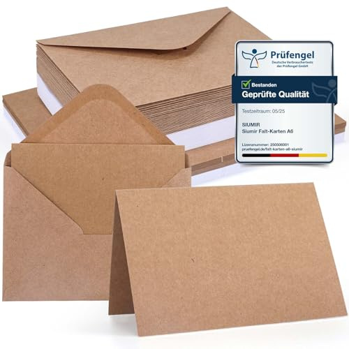 Siumir - Tarjeta plegable (56 unidades, A6, con sobres C6, tarjetas plegables, color blanco y marrón fuerte, para crear, escribir o imprimir
