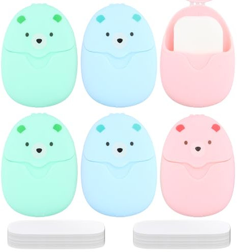 DEARBAG Mini Travel Paper 6 Boxes Soap Sheets Paper Soap Portable Soap Paper with 100 Pieces Refill Soap Tablets for On the Go Travel Camping Outdoor Travel (Pink, Blue, Green)