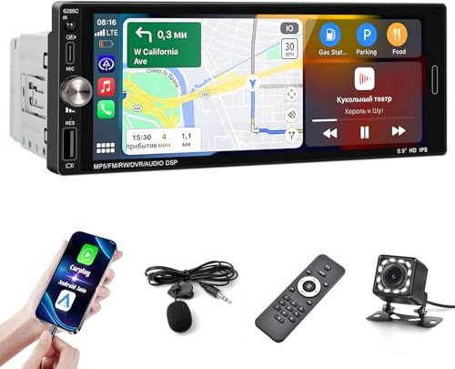 Inefala Autoradio CarPlay 1 DIN avec Android Auto, Écran Tactile de 6,9 Pouces avec Bluetooth, Lien Miroir, FM EQ SWC AUX, Charge Rapide USB, Caméra de Recul