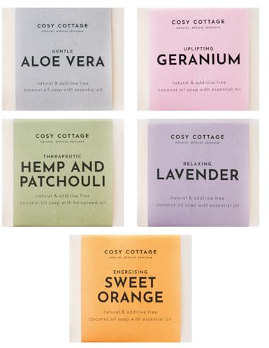 Cosy Cottage Soap Bar Bundle Pack of 5 x 110g | Sweet Orange, Lavender, Geranium & Orange, Hemp & Patchouli, Aloe Vera | No Palm Oil, No Sulphates, No Additives, Plastic Free | Cruelty Free
