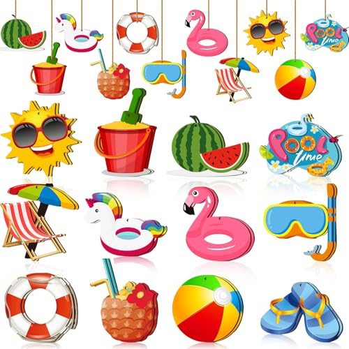 Adorno Madera Colgante Verano, 24 Piezas Estival Adornos Arbol Suspensión, Decoraciones de Madera con Cuerda para Tropicales Hawaiana Fiesta Playa Jardín Puerta Ventana Muro