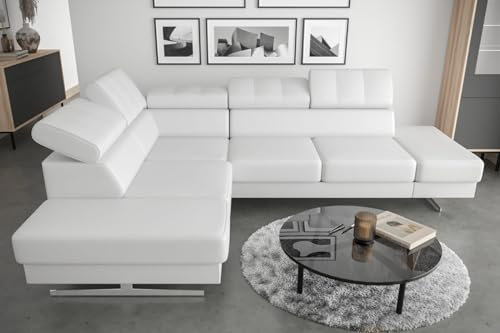 Friderik Divano angolare Emporio in pelle 225×300 cm poggiatesta regolabili gambe argentate in pelle (bianco, sinistra)
