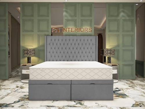 RN Interiors Wing Back Ottoman Beds – Divan Bed Frame | 49” Matching Floor Standing Headboard | Ottoman Storage Chesterfield Divan Bed Ottoman Plush Velvet (Grey, 3FT Single)