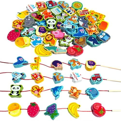 Intsinzi Montessori Wooden Lacing Beads for Kids,42 Pcs Preschool Activities String Car Animals Vegetables Beads Toys,Educational Threading Learning Beads Toys for Toddler 3 4 5 6 Year Old Boys Girls
