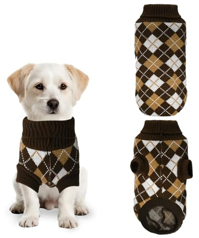 PawSailor Dog Jumper Knitted Turtleneck Warm Puppy Jumper Plaid, Brown XS