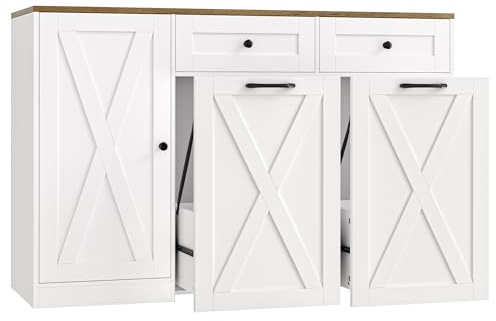 HOSTACK 12.5 Gallon Kitchen Trash Cabinet, 47 Double Trash Can Cabinet, Large Pull Out Can Storage Drawers, Wood Farmhouse Hidden Garbage Storage Buffet for Kitchen, Dining Room, White