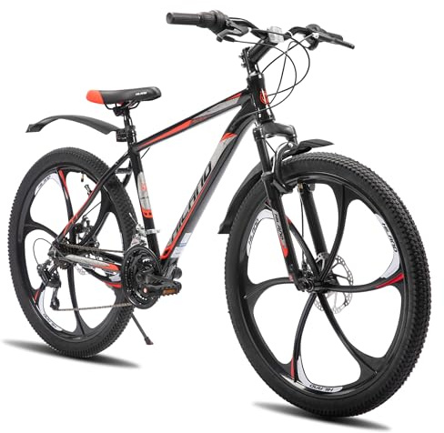 HILAND Bicicleta de Montaña 26 Pulgadas de 6 Radios Rueda, 18 Velocidades, MTB para Adultos Hombre y Mujer, Cuadro de Aluminio, Doble Freno de Disco, Negro