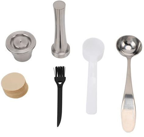 Reusable Coffee Capsule Pod Coffee Tamper Set with 100 Filter Papers 2 Spoons 1 Brush for Home Office Brewing Stainless Steel Refillable Coffees Pod