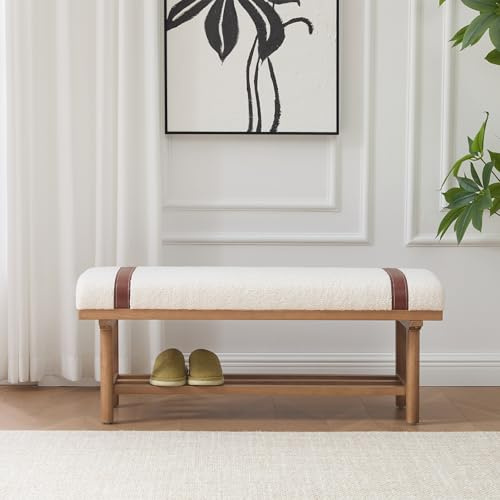 Bekrvio Wood Shoes Bench, Indoor Hallway Bench with Storage Shelf, Teddy Fleece Upholstered Chaise Lounge with PU Straps for Living Room, Hallway, Bedroom (112CM in long Off White)
