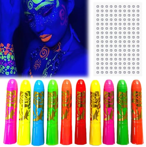 AYNKH 10 Crayons De Peinture Néon Pour Le Visage Et Le Corps, Avec des Autocollants Strass, Pour Festival, Mardi Gras, Halloween, Maquillage