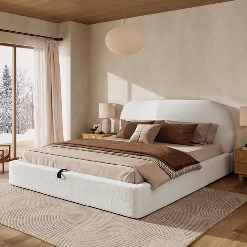NNJN - Letto matrimoniale imbottito, 180 x 200 cm, letto funzionale idraulico, con rete a doghe, testiera e ampio spazio di archiviazione, testiera imbottita, colore beige bouclé