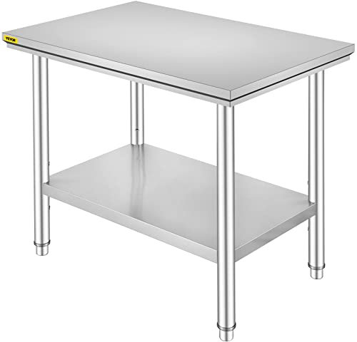 VEVOR Stainless Steel Work Table 900x600x800 mm Commercial Kitchen Prep & Work Table Heavy Duty Prep Worktable Metal Worktable with Adjustable Feet for Restaurant, Home and Hotel