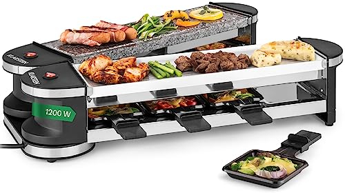 Klarstein Tenderloin – 50/50 raclette-grill elektrisk grill, total effekt: 1 200 W/600 W per balk, separat drift av båda stolarna, 8 personer, 1 x naturstenplatta/1 x metallgrillplatta, vit